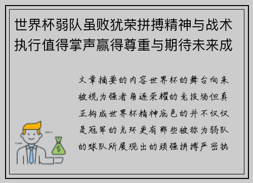 世界杯弱队虽败犹荣拼搏精神与战术执行值得掌声赢得尊重与期待未来成长